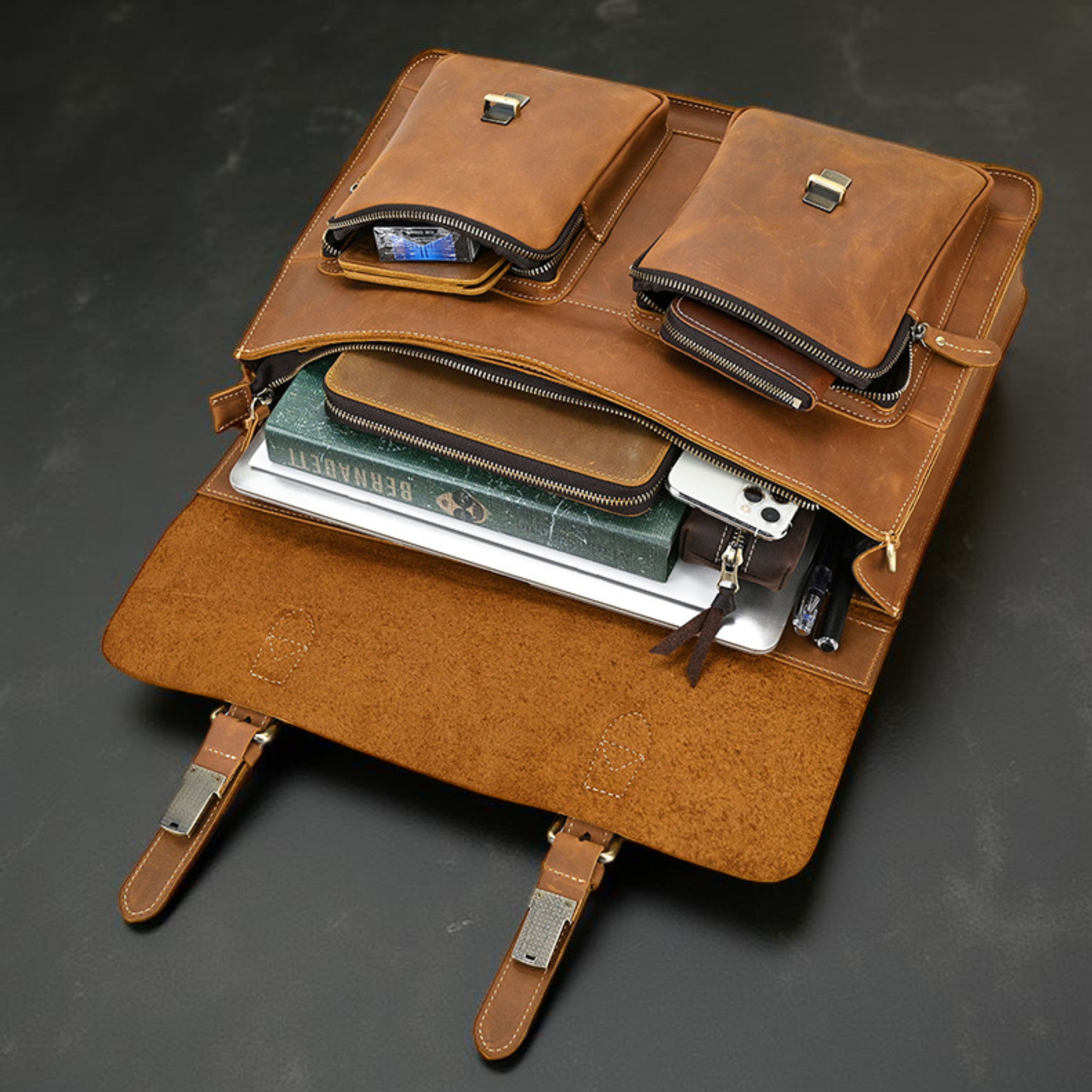 Men’s Leather Laptop Bag – Full Grain Leather Briefcase, Vintage Messenger Bag, Business Work Bag, Durable Office Satchel, Gift for Him - Isaacare