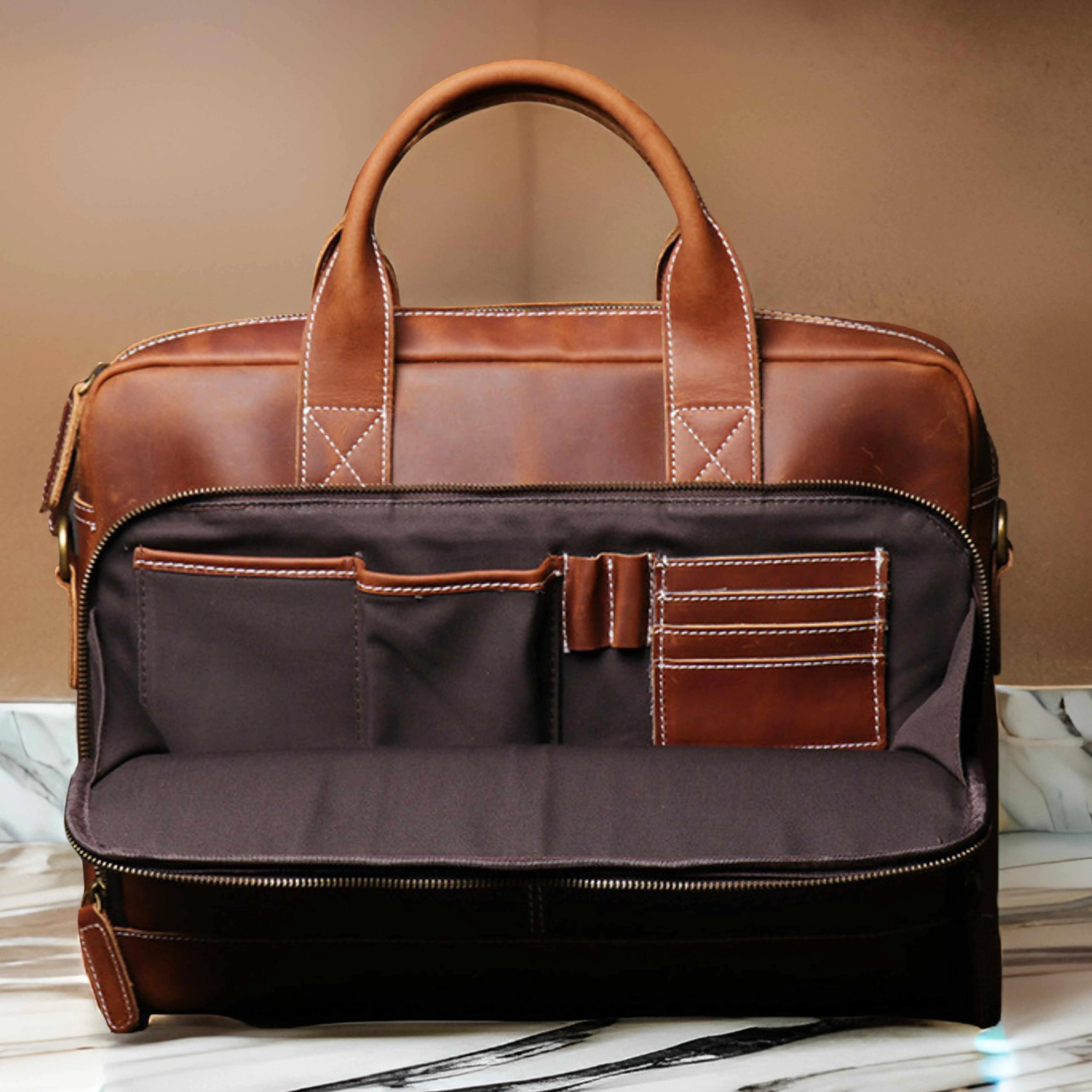 Men’s Leather Laptop Bag – Full Grain Leather Briefcase, Vintage Messenger Bag, Business Work Bag, Durable Office Satchel, Gift for Him Isaacare