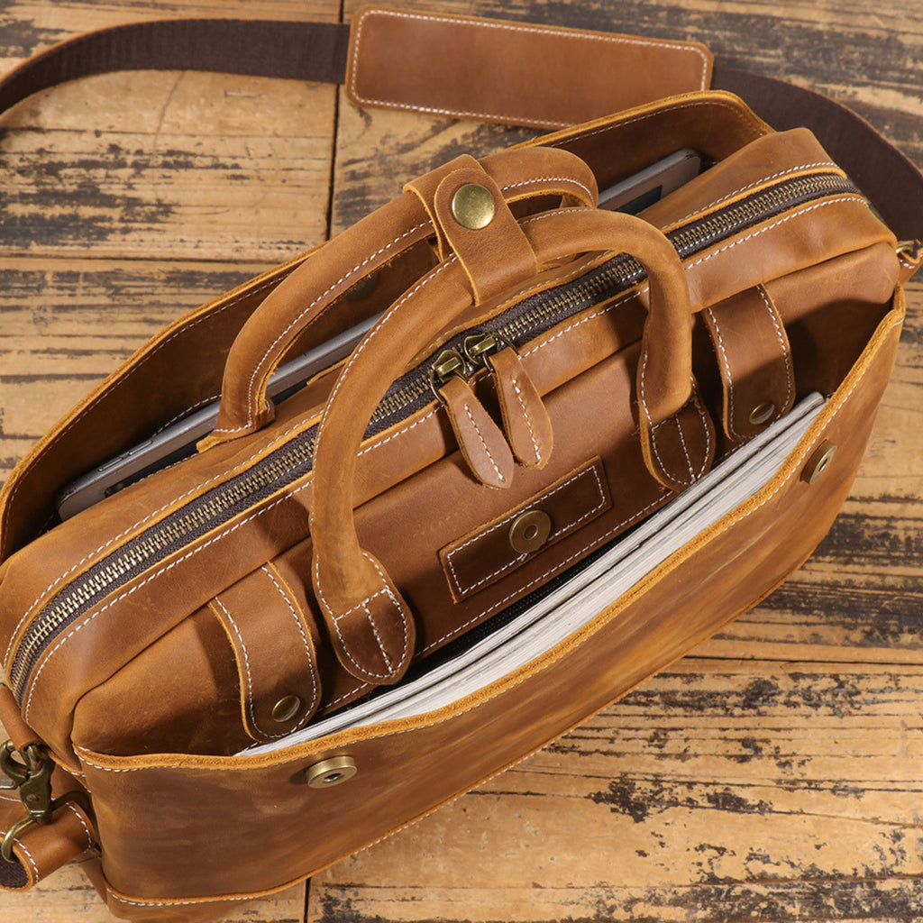 Men’s Leather Laptop Bag – Full Grain Leather Briefcase, Vintage Messenger Bag, Business Work Bag, Durable Office Satchel, Gift for Him Isaacare